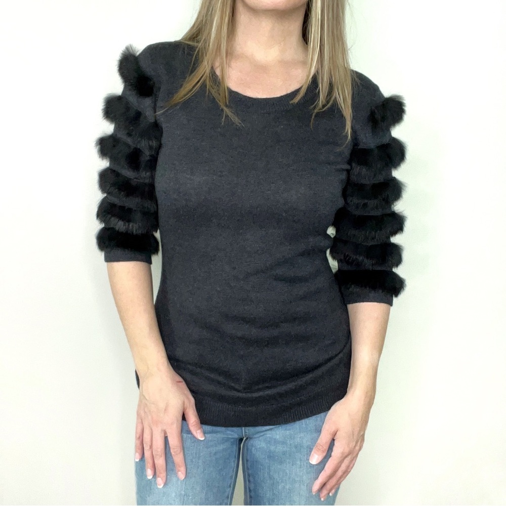 CLUNY Statement Sleeve Gray and Black Silk Blend Sweater Knit Top size XS